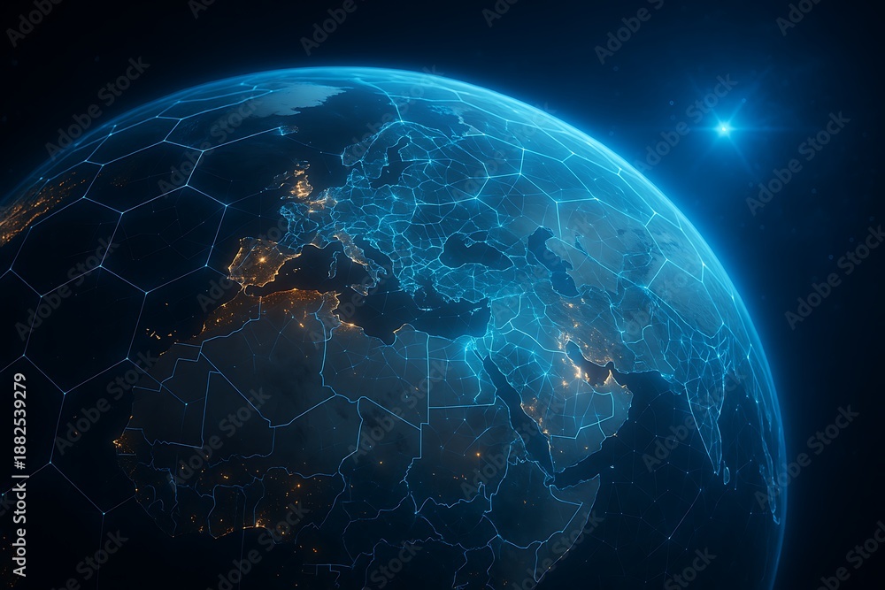 Fototapeta premium Global digital network of earth showing europe africa and asia glowing connection lines geographic map futuristic blue technology world data visualization concept night view