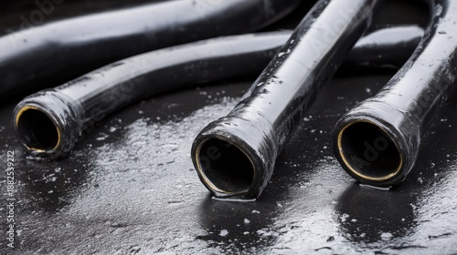 Disconnected pneumatic hoses lying limp and wet on a dark damp surface suggesting industrial disuse and neglect