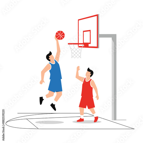 Basketball player jumping to dunk the ball, opponent defending, flat design.