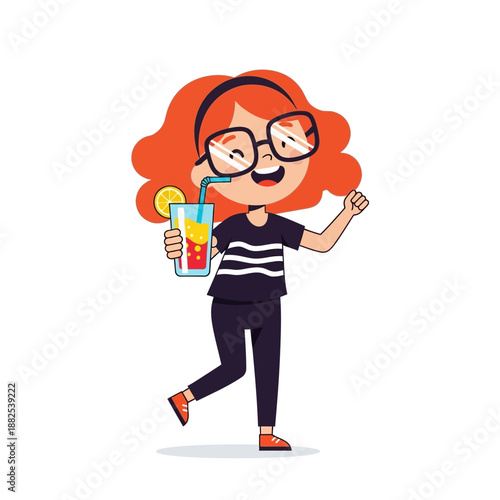 Happy redhead girl with glasses holding a refreshing cocktail, vector illustration