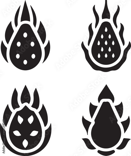 Dragon Fruit Silhouette Vector Set, Fruit Black Silhouette Icons