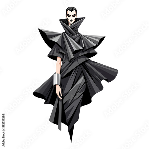 Avant-garde fashion model in dramatic black ruffled gown, high collar, white background