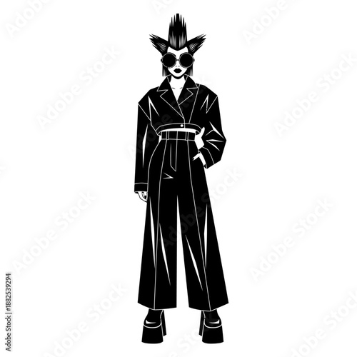 Fashionable Woman with Mohawk Hairstyle, Sunglasses, and Wide-Legged Pants