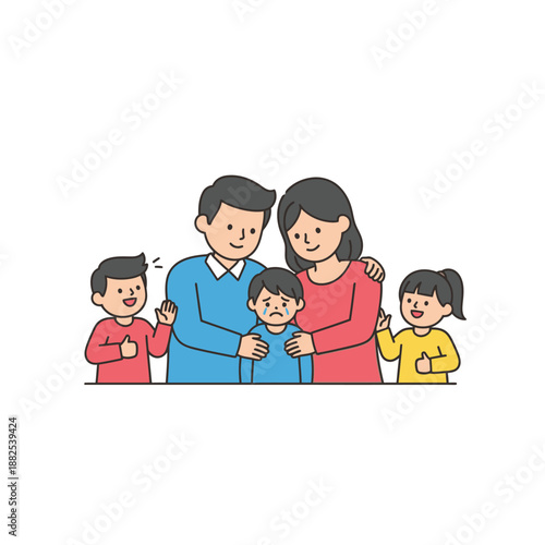 Family Comforting Crying Child - Parents Hugging Sad Boy with Siblings