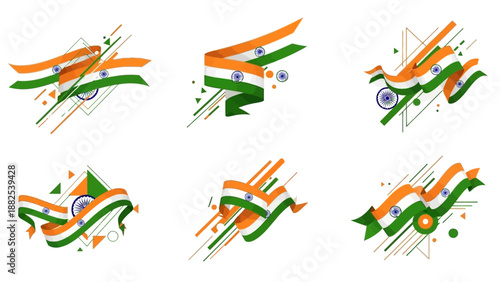 Illustrations of stylized India Republic Day flags and characters in orange, white, and green hues with dynamic lines and shapes on a white background.