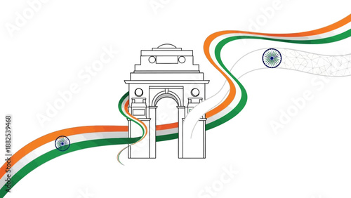 Illustration of kids celebrating Republic Day of India with a sketch of India Gate and the Indian flag colors.