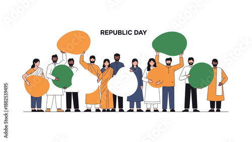 Illustration of diverse people holding India flags and speech bubbles on Republic Day with a colorful and celebratory mood.