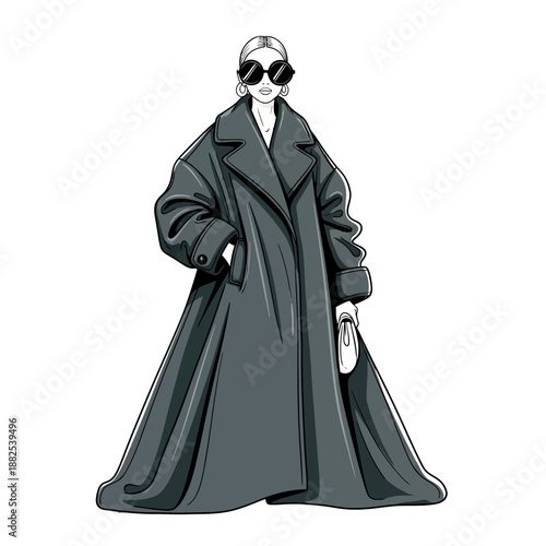 Fashionable Woman in Oversized Gray Coat and Sunglasses, Chic Style