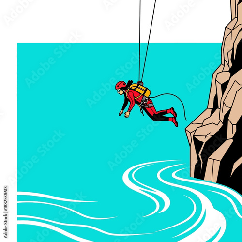 Person rappelling down cliff face into turquoise water, extreme sports adventure