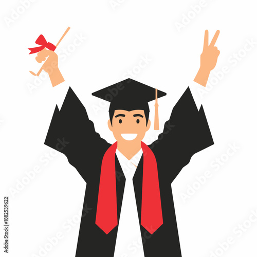 Happy Graduate Celebrating With Diploma and Peace Sign