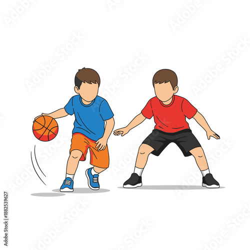 Two boys playing basketball on white background, dribbling and defending