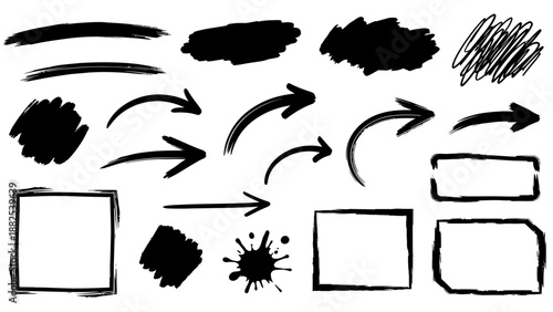 Collection of various black ink strokes, splashes, arrows, and frame sketches, illustrating diverse drawing styles