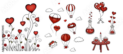 A whimsical illustration of red hearts and balloons floating in the air with flowers and clouds