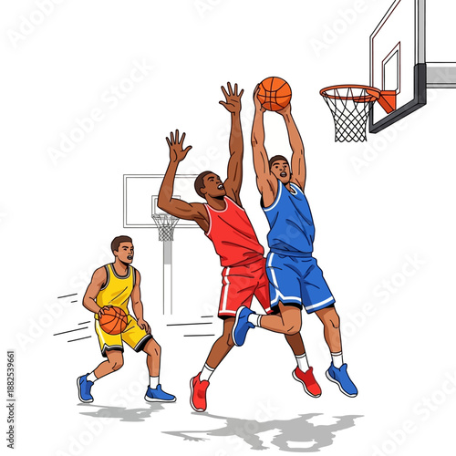 Basketball players jumping to score a slam dunk during a game