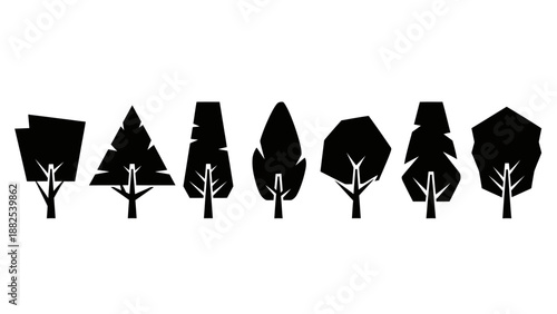 Array of stylized black tree silhouettes with varied geometric shapes and simple trunk details