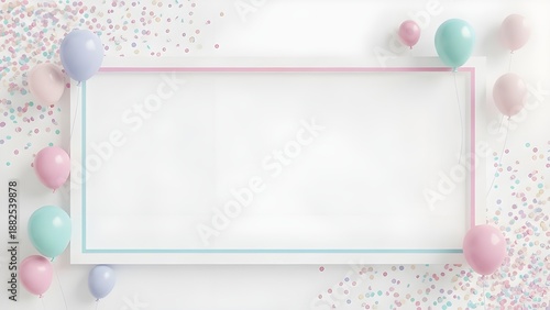 Blank white frame with pastel balloons and confetti