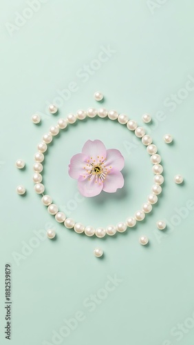 Pink flower surrounded by pearls on light green background with decorative circular pattern