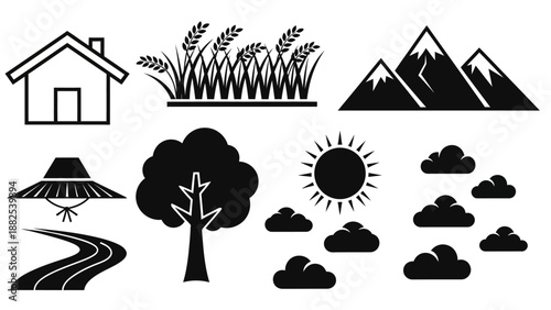 Collection of black silhouettes featuring a house, wheat, mountains, a sun, clouds, a tree, a grass patch, a lamp, and a winding road