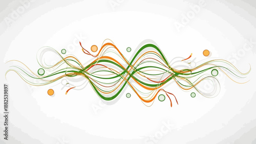 A colorful, abstract illustration featuring swirling green, orange, and white lines and circles on a white background, symbolizing Republic Day India with a festive and celebratory mood.