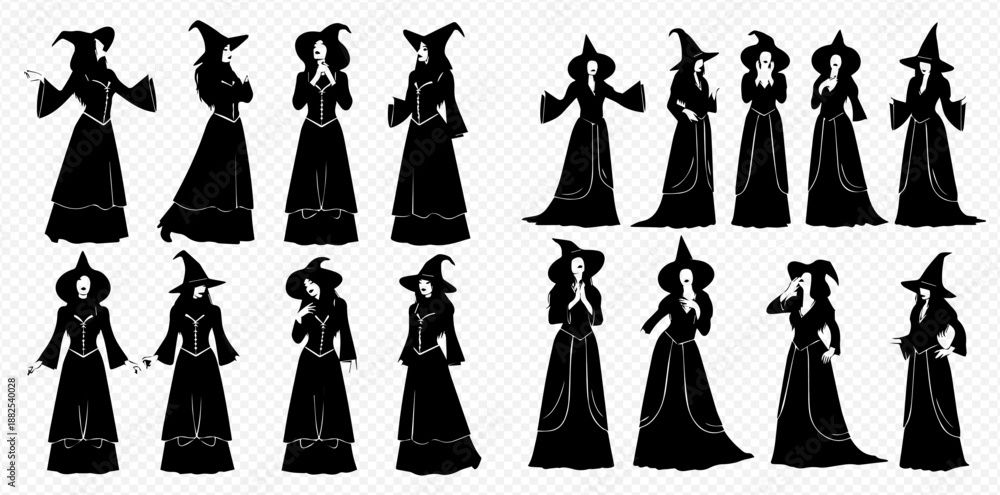 Fototapeta premium Set of witch silhouettes in various poses, perfect for Halloween and fantasy designs.