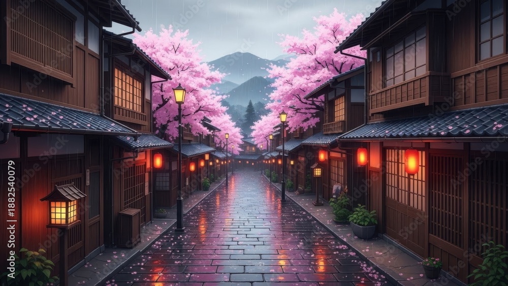 Naklejka premium Rainy night street with cherry blossoms