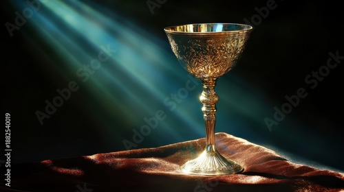 Golden goblet resting on velvet cloth with beautiful light
