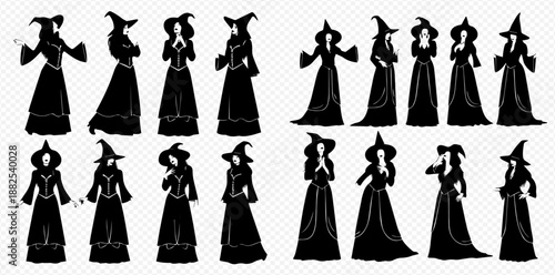 Set of witch silhouettes in various poses, perfect for Halloween and fantasy designs.