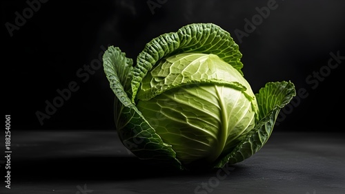 A whole green cabbage isolated against a dark black background with dramatic side lighting. 