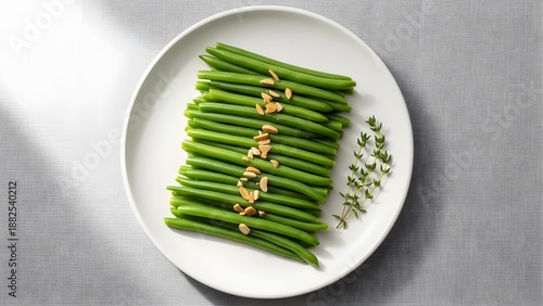 Fresh green beans neatly arranged on a white plate with spices.