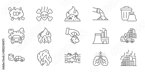 Environmental Pollution and Climate Change Icons Set Depicting Global Warming, Waste, Toxins, and Ecological Disaster Vector Illustrations