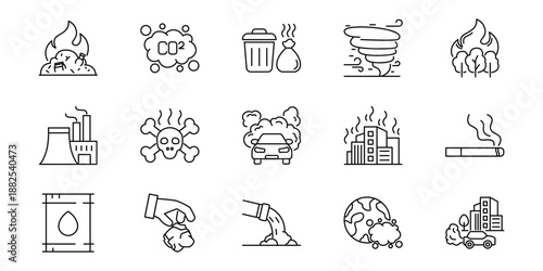 Industrial pollution, environmental impact, and human health risks illustrated in a set of flat icons for ecology and sustainability themes