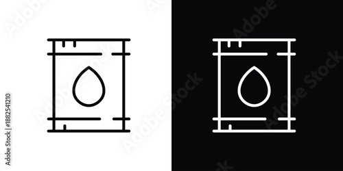 Clean line art icon of an oil barrel with a liquid drop, illustrating concepts of fuel, petroleum, and energy resource management and industrial supply