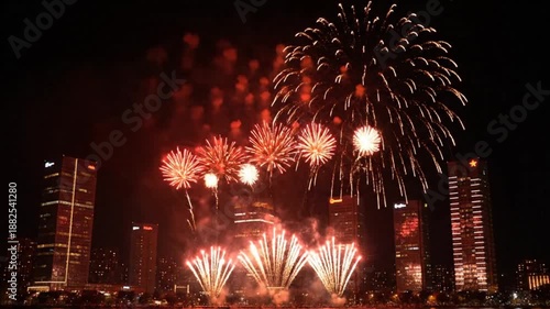 Fireworks Over Modern Asian City Skyline During Chinese New Year