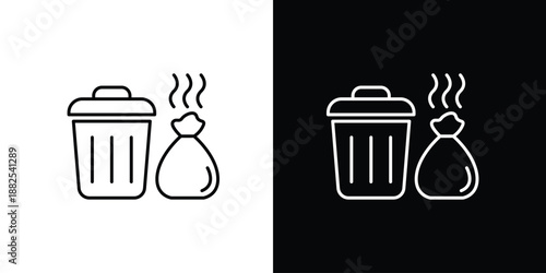 Outline icons set of trash and garbage bag with smoke, isolated on white and black background
