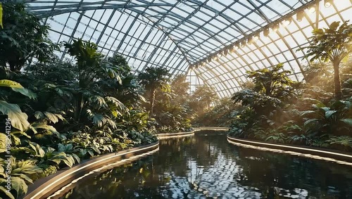 Wallpaper Mural Lush Tropical Greenhouse with Reflective Waterway and Glass Roof. Torontodigital.ca