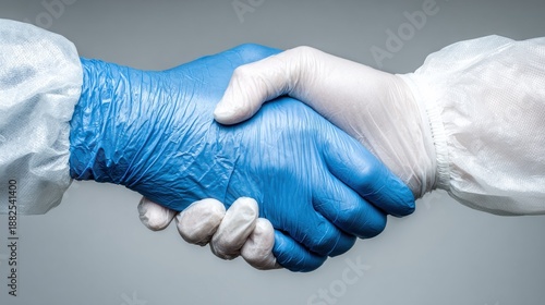 Close up view of two hands wearing gloves in a strong handshake