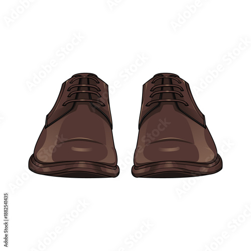Front view vector illustration of a pair of men's brown leather formal shoes. Classic business footwear with laces isolated on white background. Standing position concept.