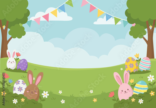 Cute Easter Scene with Playful Bunnies, Decorated Eggs, and Colorful Party Flags