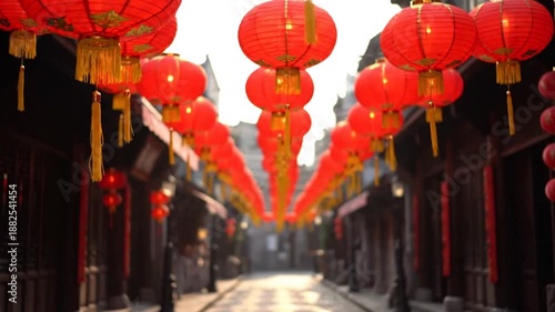 Daytime Street with Red Lanterns Hanging Overhead in Soft Light