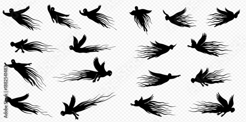 Set of black silhouettes of flying fairies or angels with flowing trails, isolated on transparent background.