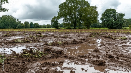 Muddy field of flattened crops with broken stalks and puddles of water after a storm