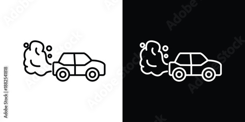 Car exhaust fumes depicted in a clean line art icon style, presented in both black and white versions on opposing backgrounds