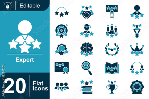 Expert flat icon set featuring professional skills, achievement, certification, leadership, success symbols, award badges, quality assurance concepts, editable vector icons for business, education, an