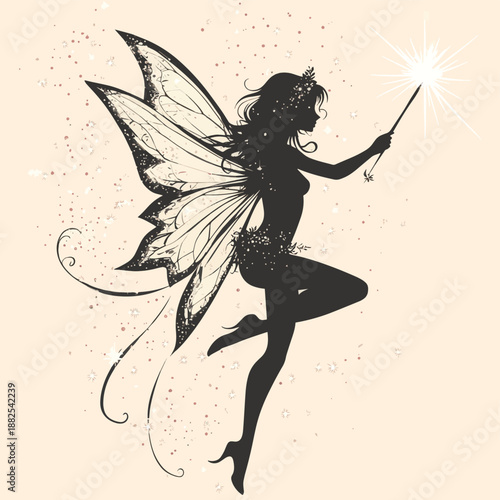 Enchanting fairy with sparkly wand and delicate wings fluttering gracefully through the air , vector style simple color