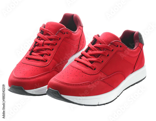 A pair of vibrant red athletic shoes with white soles and black accents