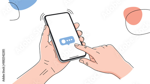Close-up illustration shows hands holding a modern smartphone with a message notification bubble, surrounded by soft abstract pastel shapes.