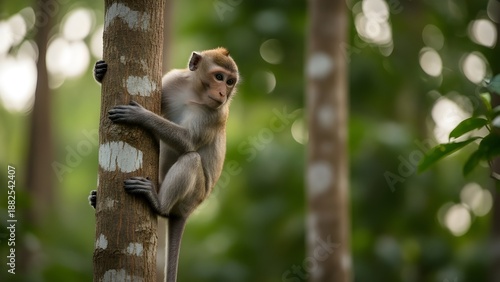 Wild monkey climbing a tree in tropical forest, showing natural behavior and wildlife habitat.