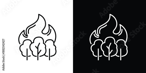 Icon Illustration of forest fire with smoke and flames on white and black backgrounds, representing environmental hazard and natural disaster