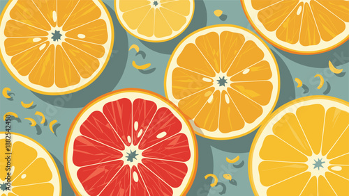 Vibrant top-down view of sliced oranges, lemons, and grapefruits arranged artistically on a flat teal background with scattered citrus zest.