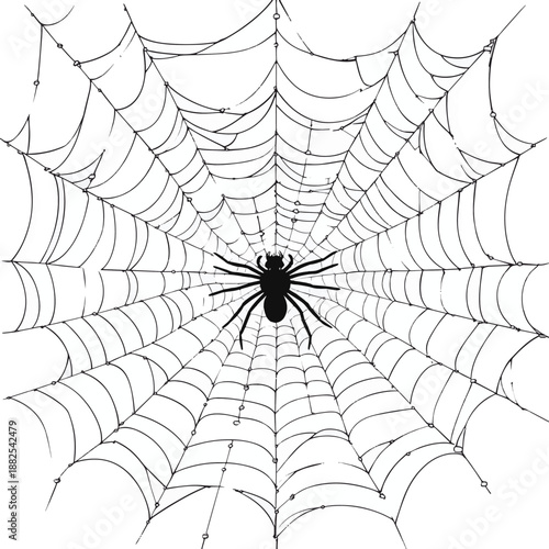 Minimalist black and white animation of a spider web being spun, creating a symmetrical pattern against a stark white background. , vector style simple color